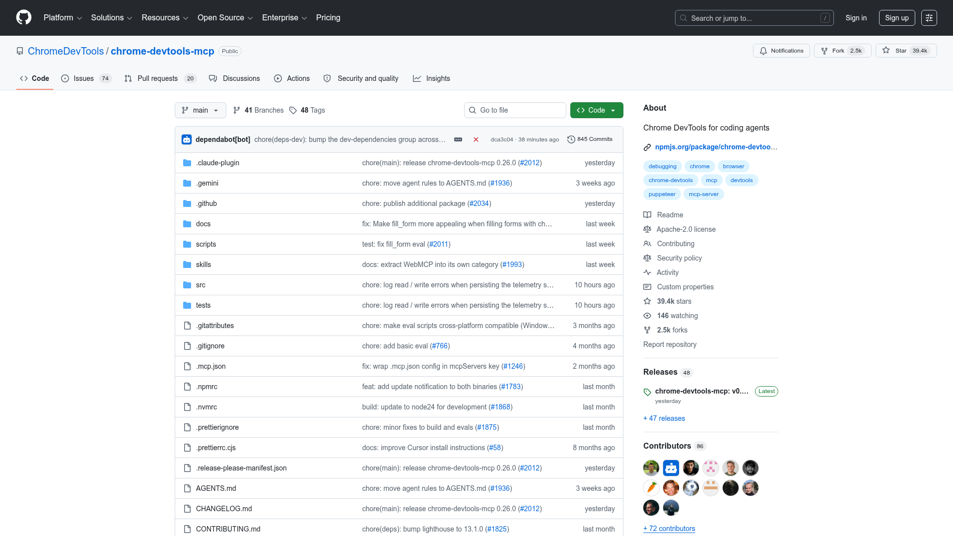 GitHub page for ChromeDevTools/chrome-devtools-mcp. An MCP server that exposes Chrome DevTools capabilities to AI assistants.