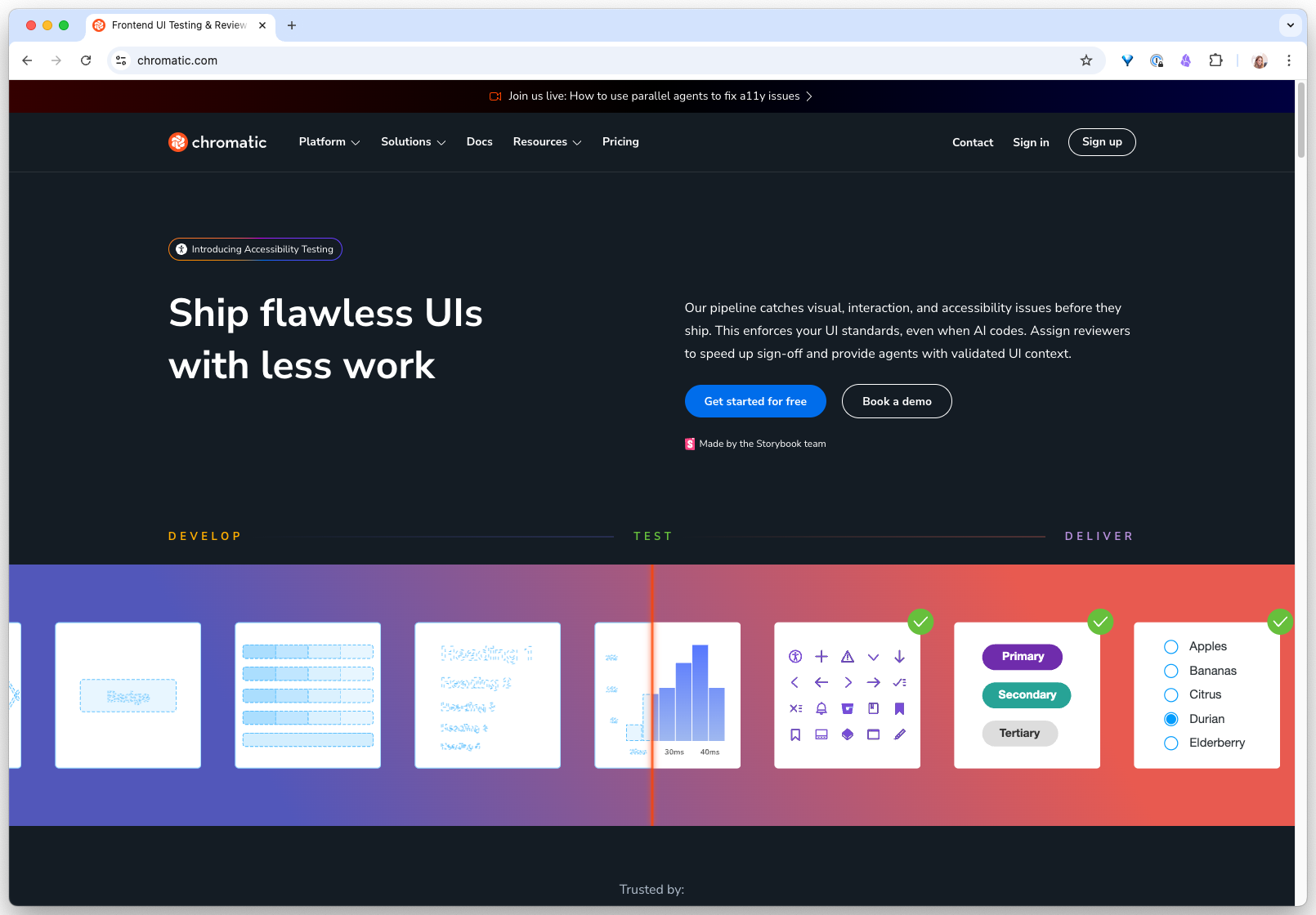 Chromatic website homepage, with the headline pitch for visual testing, a sign-up CTA, and links to docs and pricing.