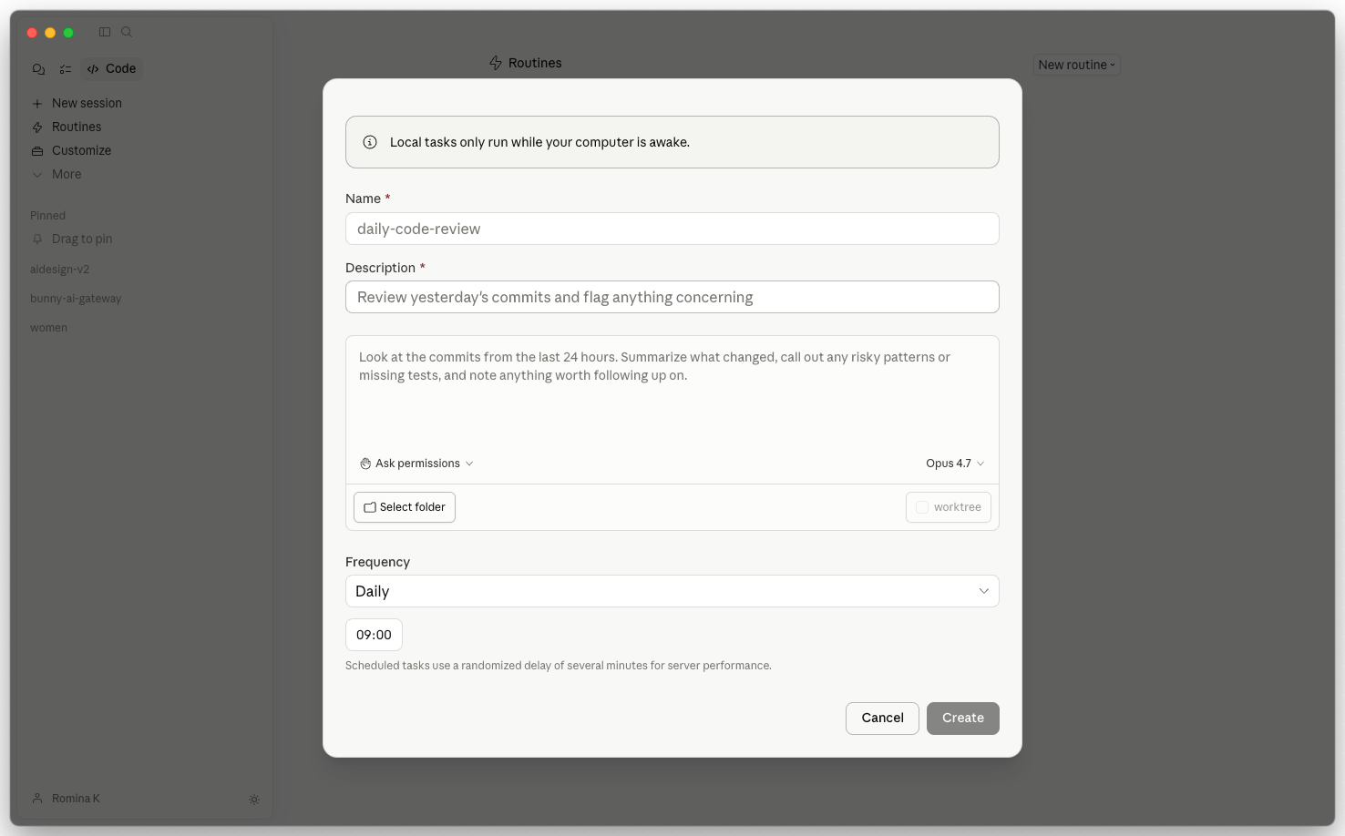 Claude Code desktop app showing a Routines overview, a grid of scheduled tasks with run history, a next-run timestamp, and a 'new routine' button at the top.