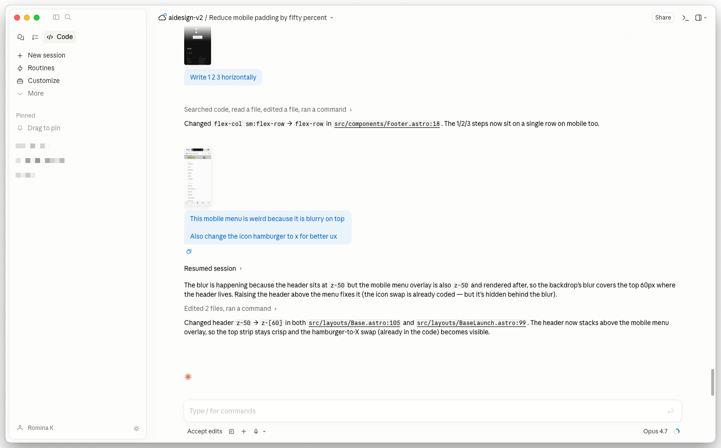 Claude Code desktop session, a terminal-style panel showing the agent reading files, planning steps, and reporting back, with the project tree and a chat composer on the right.
