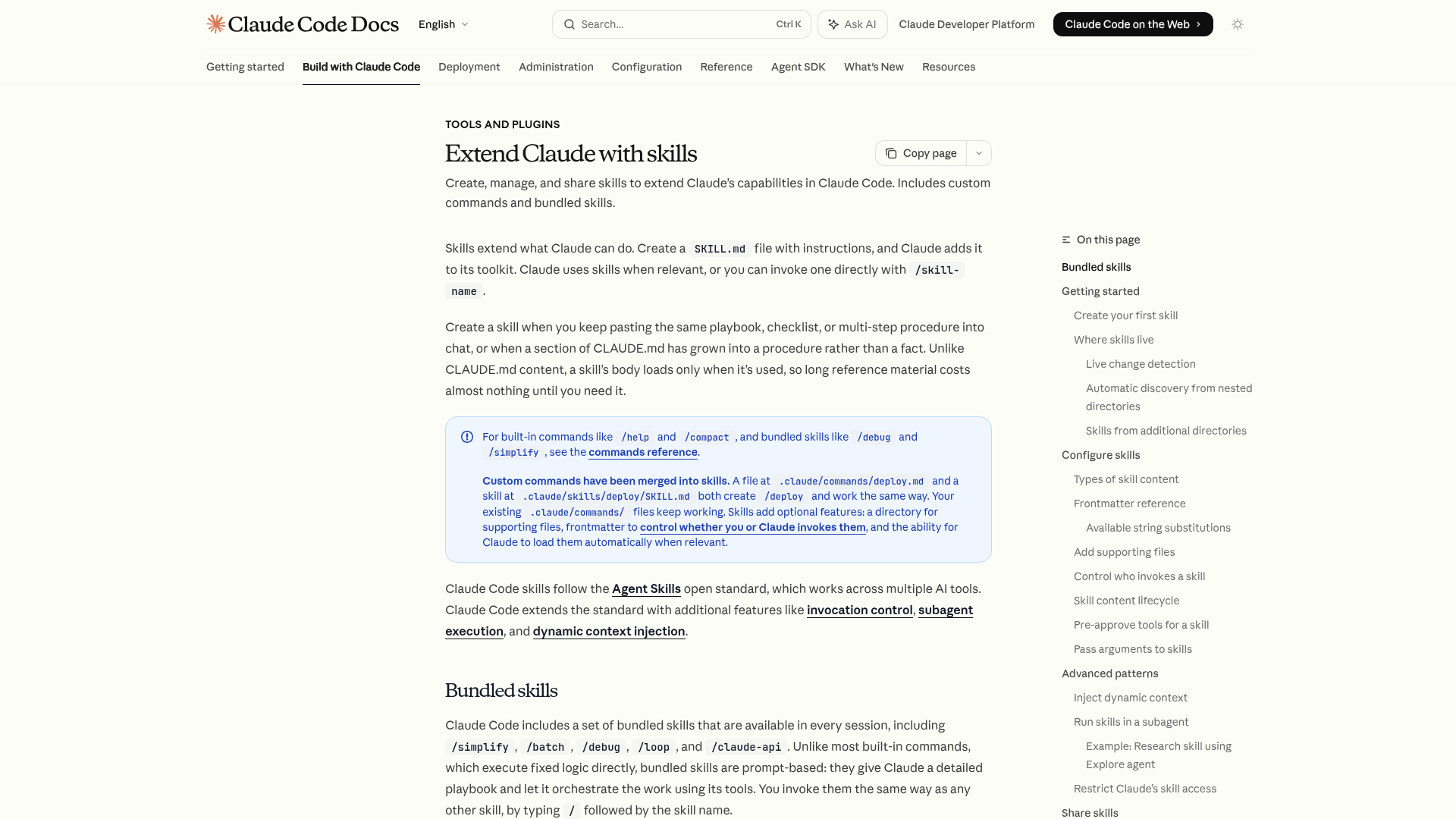 Claude Code Docs page titled 'Extend Claude with skills'. It explains that every skill needs a SKILL.md file with YAML frontmatter (telling Claude when to use the skill) and a markdown body containing instructions, and that Claude Code skills follow the Agent Skills open standard.
