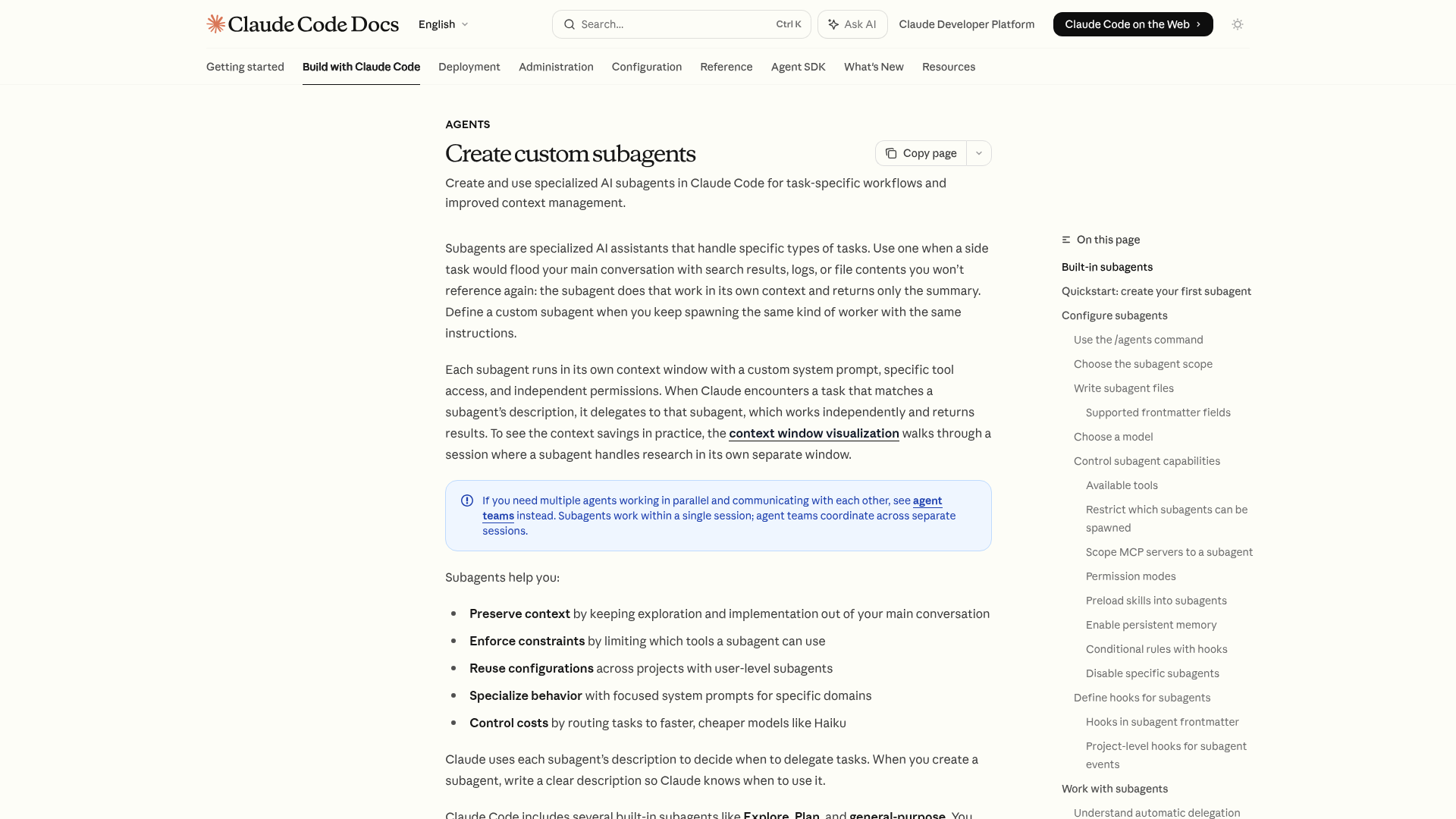 Claude Code Docs page titled 'Create custom subagents'. It explains that subagents run in their own context window with a custom system prompt, specific tool access, and independent permissions, and are used when a task would otherwise flood the main conversation.