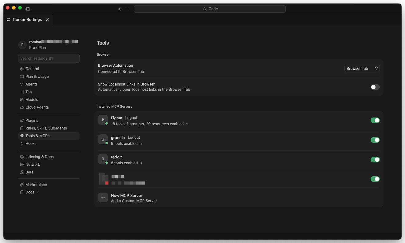 Cursor settings window open on the 'MCP & Integrations' tab, listing installed MCP servers with their status and a button to add a new server via JSON or the guided UI.