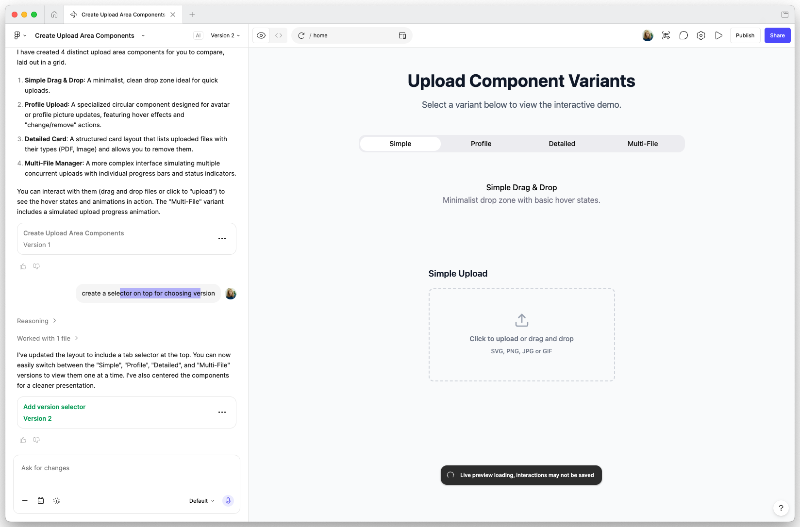 Figma Make workspace generating an upload component prototype