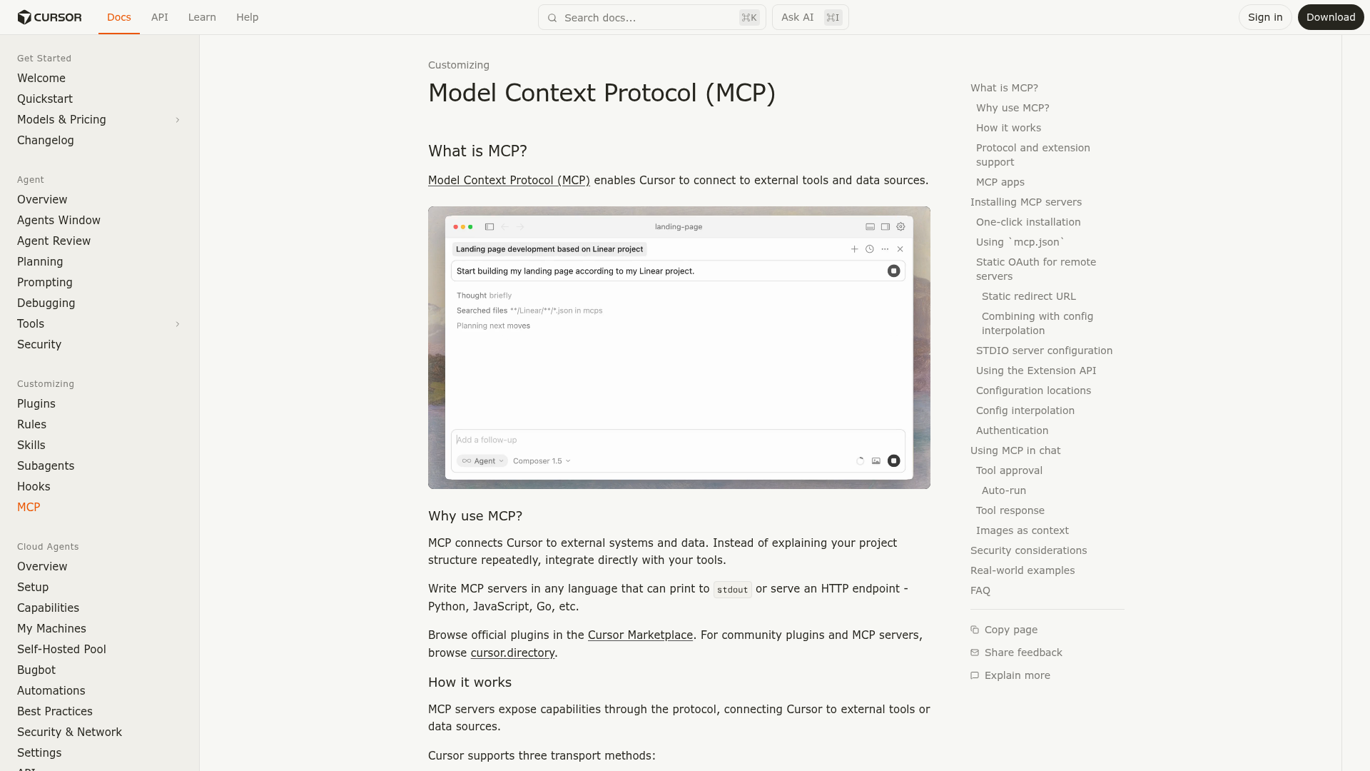 Cursor docs page 'Model Context Protocol (MCP)' with a preview of the Agent window on the right and a sidebar linking to Installing MCP servers, Using mcp.json, Static OAuth for remote servers, and other configuration topics.