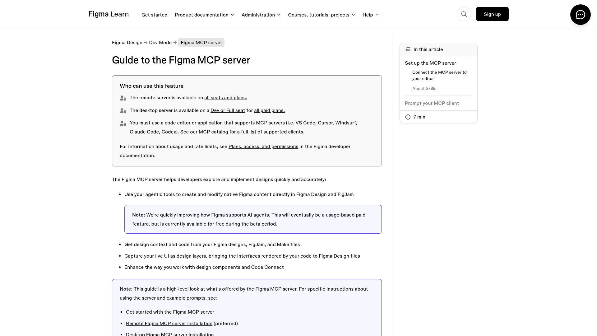 Figma's help page titled 'Guide to the Figma MCP server' showing a 'Who can use this feature' box: remote server on all seats and plans, desktop server on Dev or Full seats, and a list of supported clients (VS Code, Cursor, Windsurf, Claude Code, Codex).