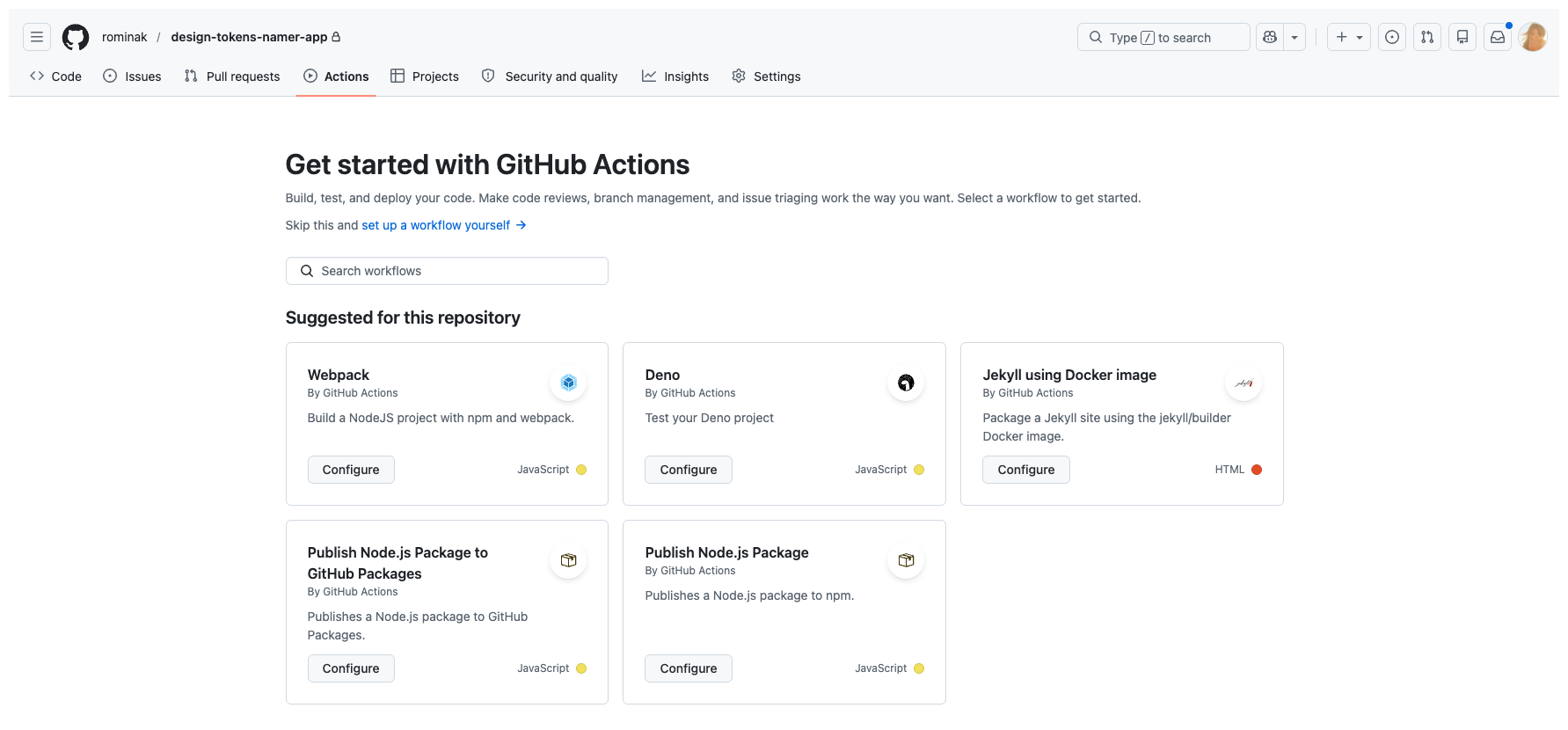GitHub's 'Get started with GitHub Actions' page, showing suggested starter workflows like Webpack, Deno, Jekyll, and Publish Node.js Package.