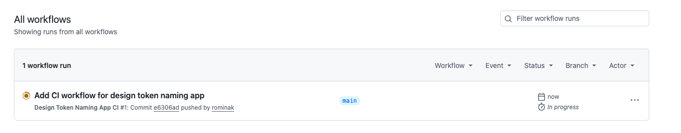 GitHub Actions 'All workflows' page showing one workflow run in progress: orange dot, 'In progress' status, branch 'main', pushed by the repo owner.