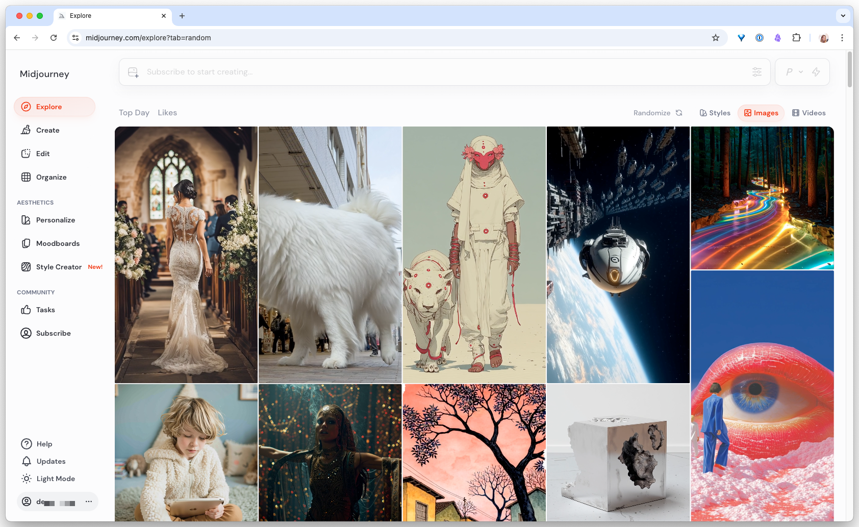 Midjourney web app on first load, a prompt bar at the top, an Explore feed of community generations, and a left sidebar linking to Create, Edit, Organize, and Personalize.