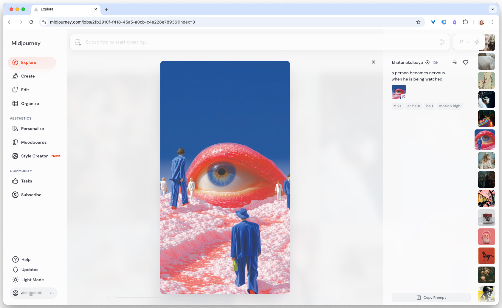 Midjourney image preview, a grid of generated images from a single text prompt, with options to upscale, vary, or download each result.