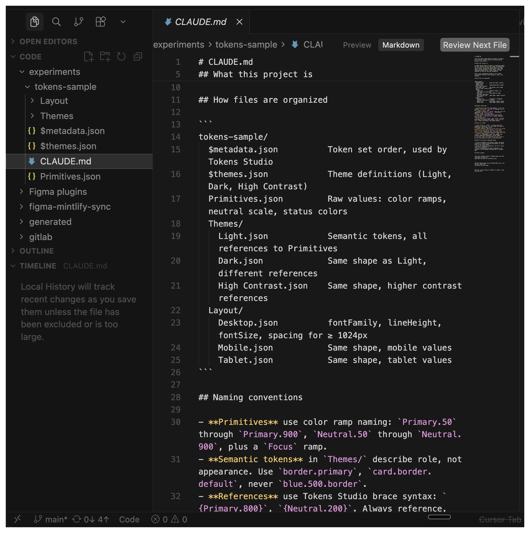 Cursor editor with the tokens-sample folder open in the sidebar, CLAUDE.md selected and highlighted next to Layout, Themes, $metadata.json, $themes.json, Primitives.json. The editor pane shows the markdown contents starting with a # CLAUDE.md heading, a What this project is section, and a How files are organized section with an indented folder tree describing each file role.