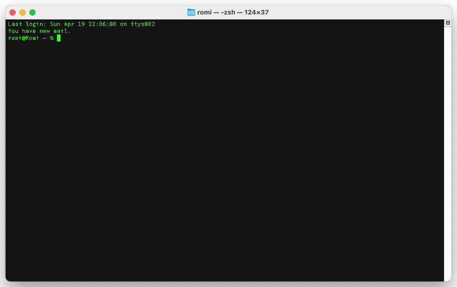 The default macOS Terminal, a small black window with white and green text showing the last login time, 'You have new mail', and a zsh prompt waiting for input.