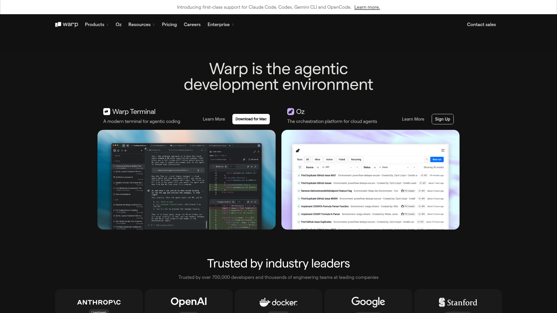 Warp terminal showing an agentic development environment, a dark UI with a conversations sidebar on the left, an agent conversation in the middle explaining a cloud agent workflow, and a code review panel on the right with a Git diff of env.ts.
