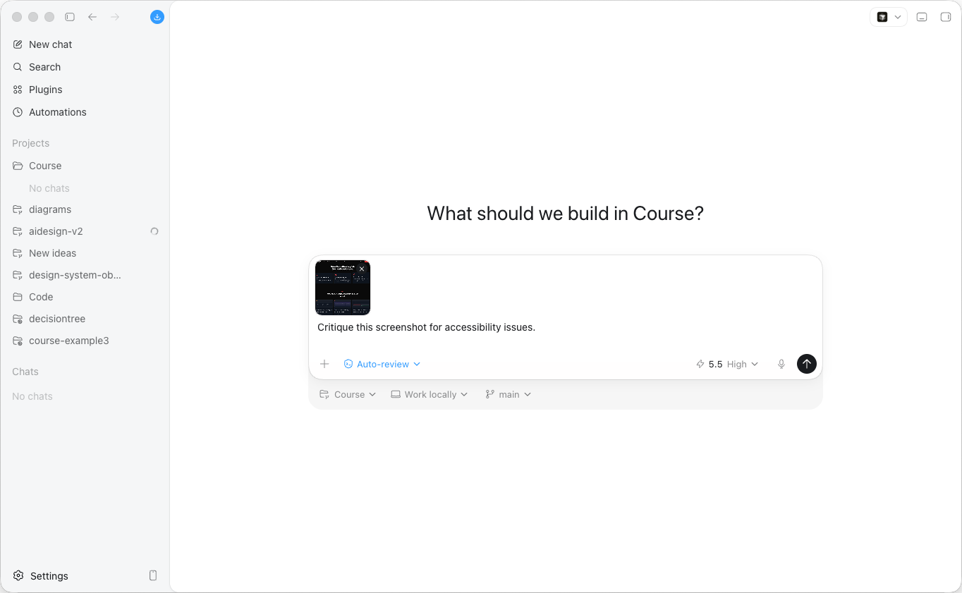 Codex chat interface showing a designer asking an AI agent for help inside a project workflow.